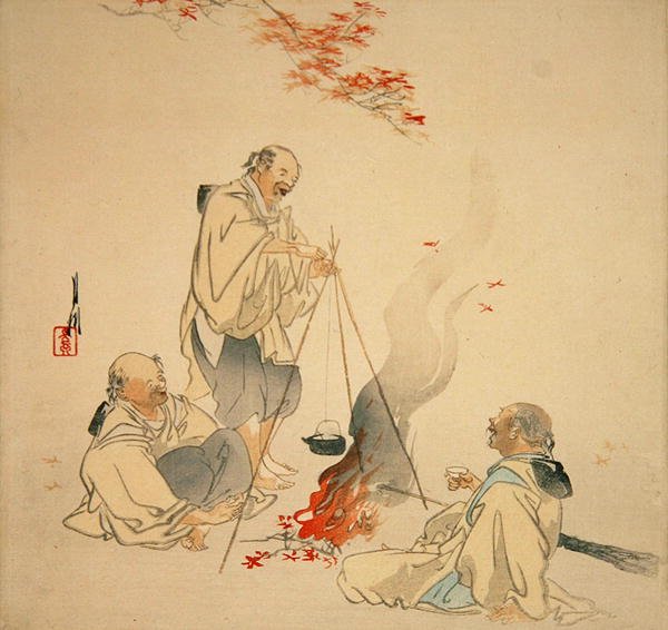 Drinking Sake under a Maple Tree, ca. 1890-1900-tallet (farget treblokktrykk) av Ogata Gekko