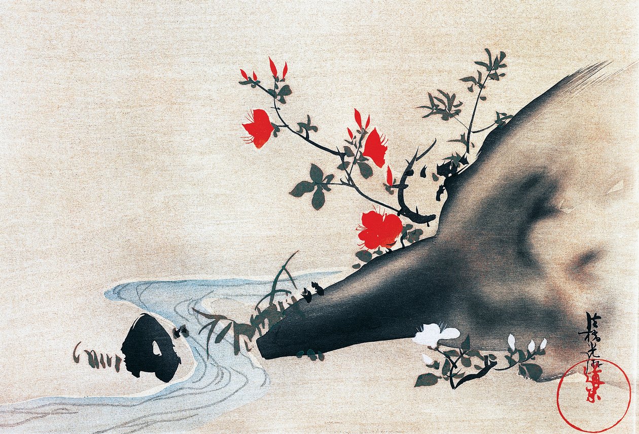 Asalea og bekk, kakemonoer (hengte ruller) malt på silke av Korin Ogata (1658-1716), Edo-perioden (1603-1868), Japan av Ogata Korin