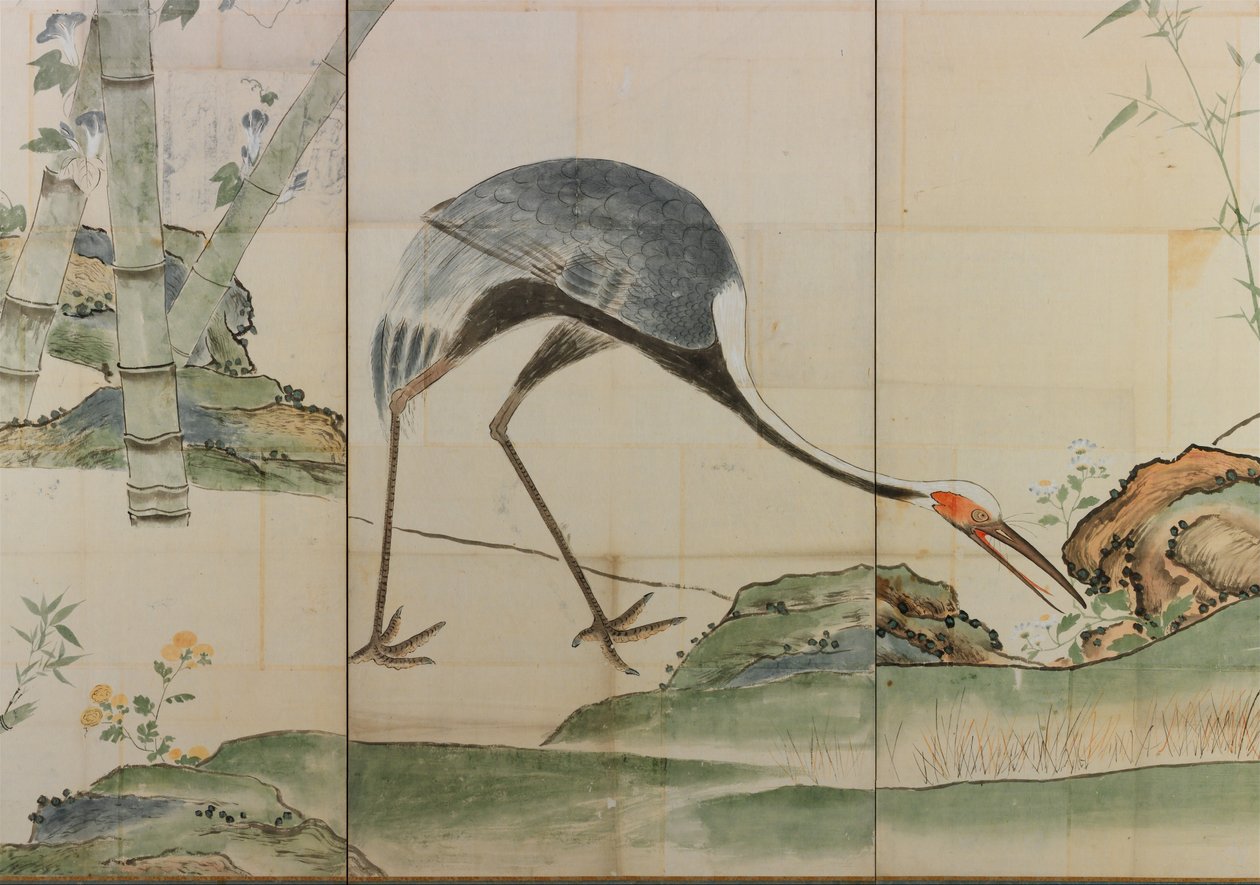 Cranes, Pines og Bamboo, 1600-tallet, par foldeskjermer (blekk og lys farge på papir) av Ogata Korin