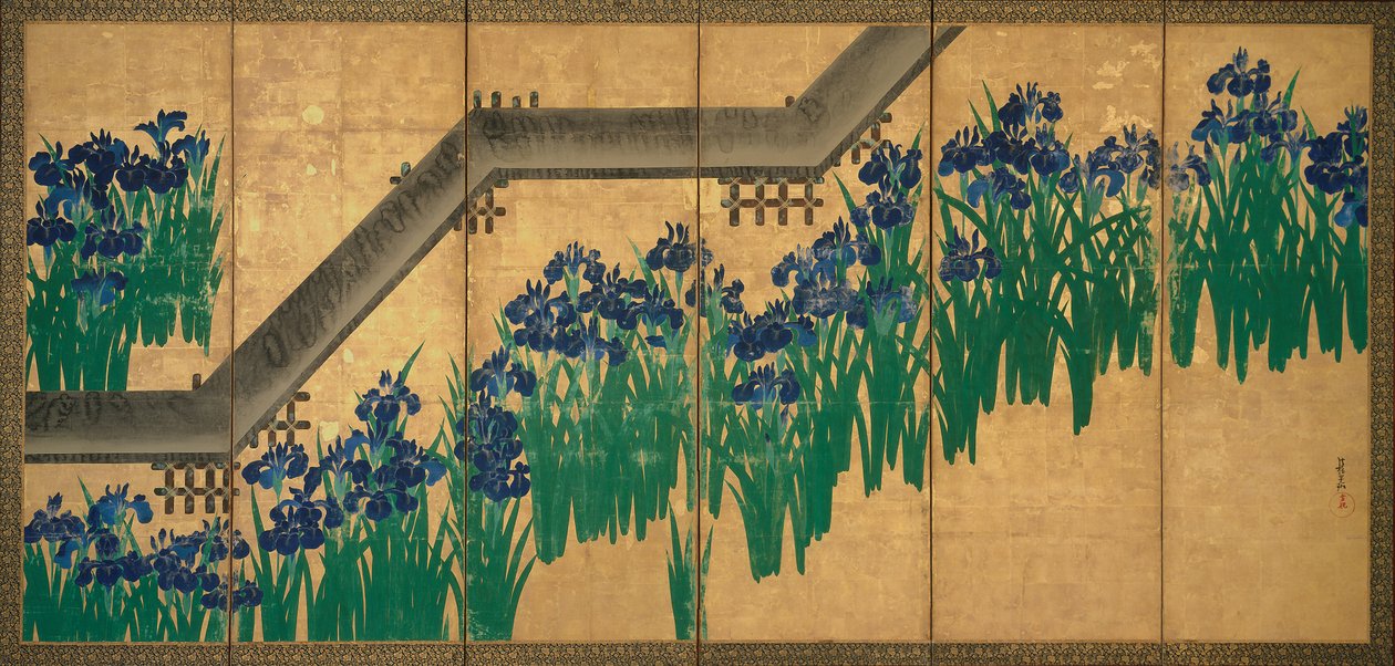 Iriser ved Yatsuhashi (åtte broer), ca. 1709 (blekk og farge på bladgull på papir) av Ogata Korin