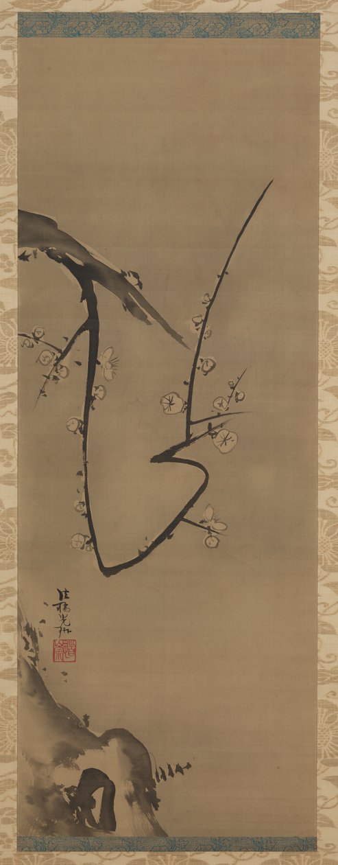 Prunus, hengende rulle, ca. 1700 (blekk på silke) av Ogata Korin