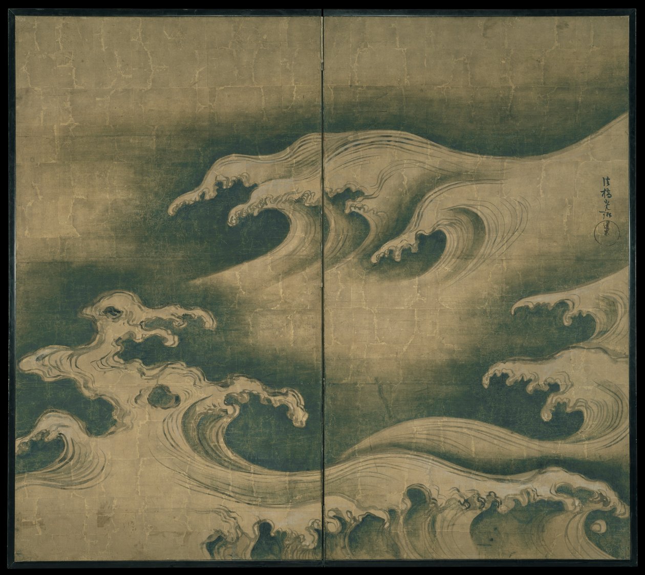 Rough Waves, to-panels foldeskjerm, ca. 1704-9 (blekk, farge og bladgull på papir) av Ogata Korin