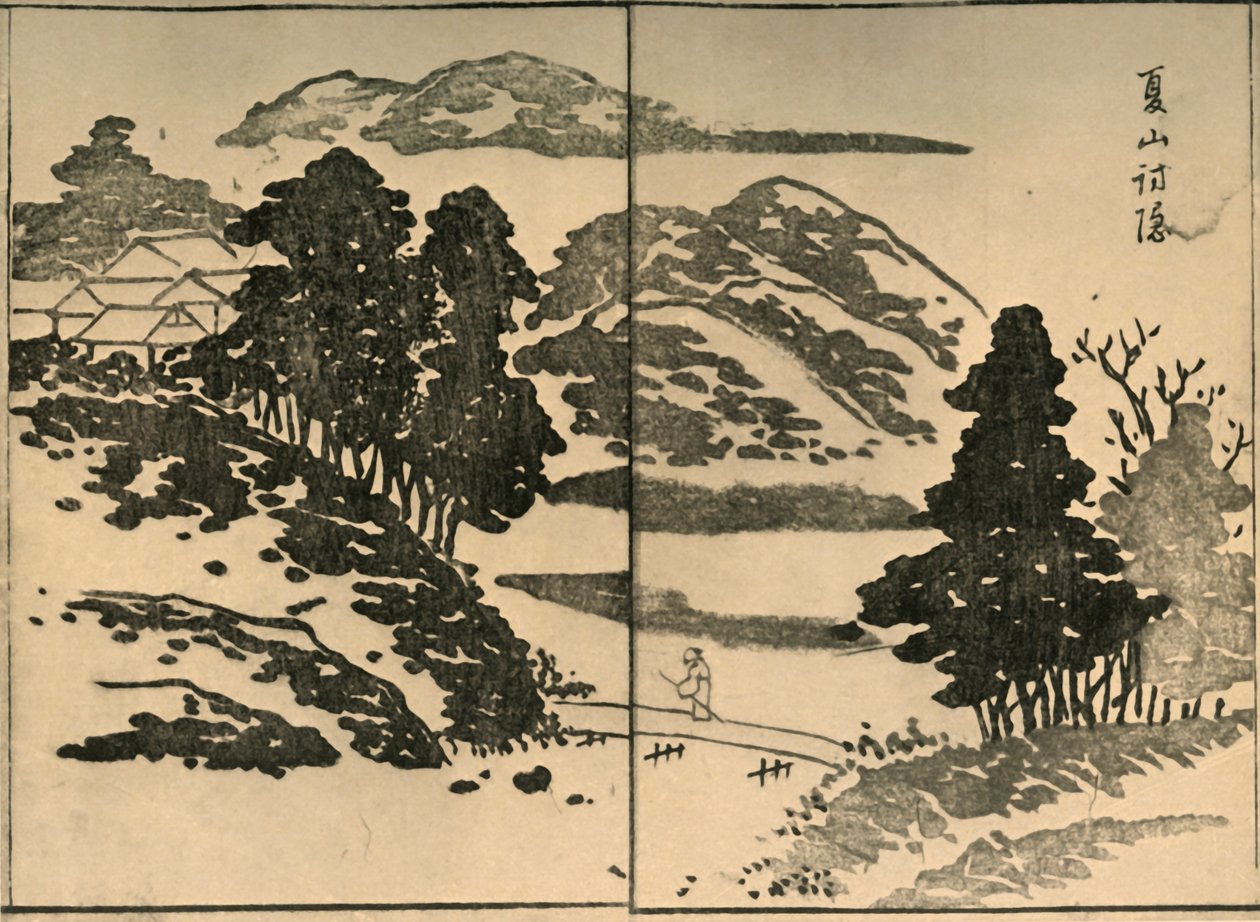 Landskap med figur som krysser en bro, 1809, 1924. av Ogura Tokei
