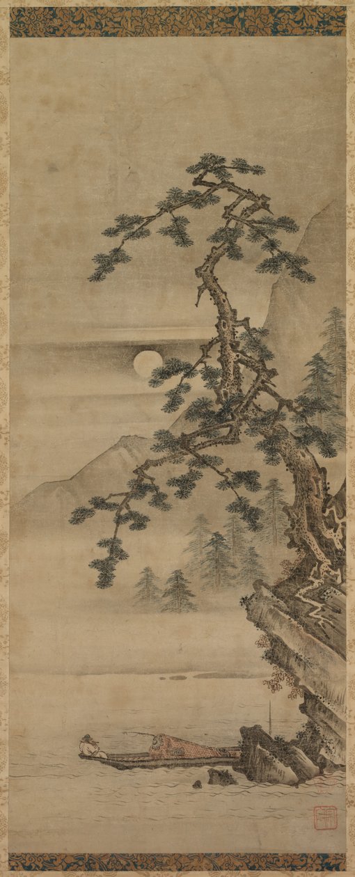 Månebelyst landskap av furutre med gammel mann i båt, Muromachi-perioden, 1392-1573. av Oguri Sotan