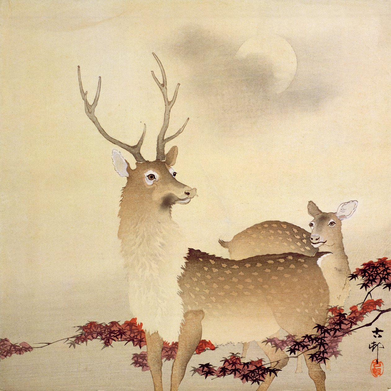 En hjort med unger under månen, ca. 1930 (farget treblokktrykk) av Ohara Koson