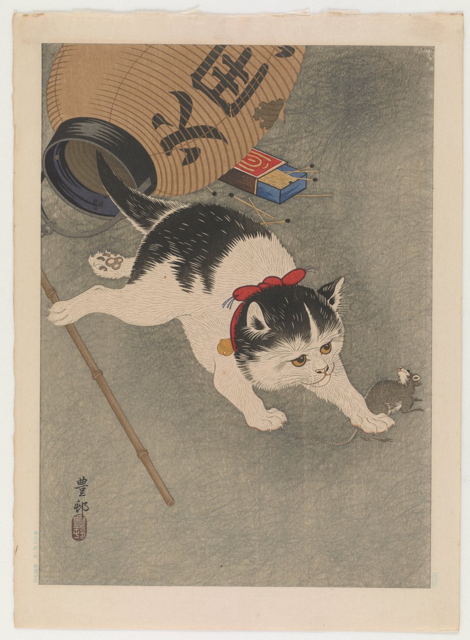 Katt og mus, ca. 1930 (farget treblokktrykk) av Ohara Koson