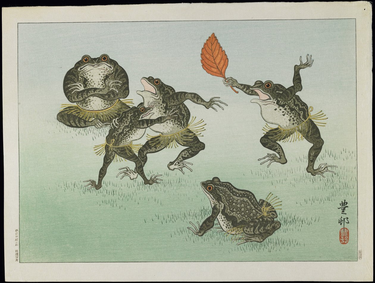 Frogs Wrestling, 1930-tallet (treblokktrykk i farger) av Ohara Koson