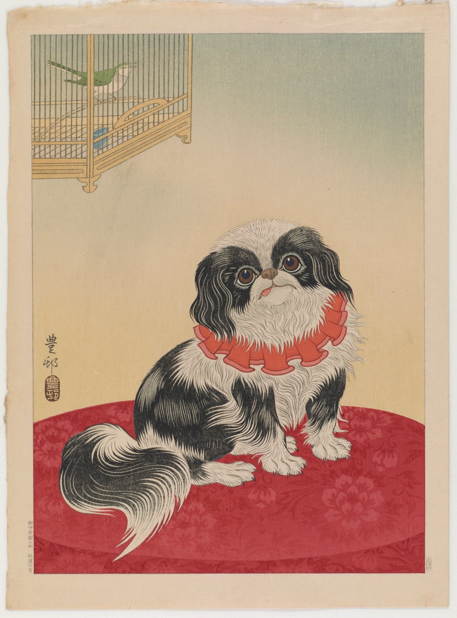 Pekingeserhund, ca. 1930 (farget treblokktrykk) av Ohara Koson