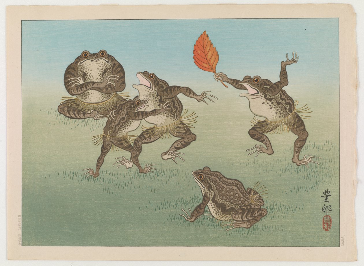 Sumobrytende padder, ca. 1930 (farget treblokktrykk) av Ohara Koson