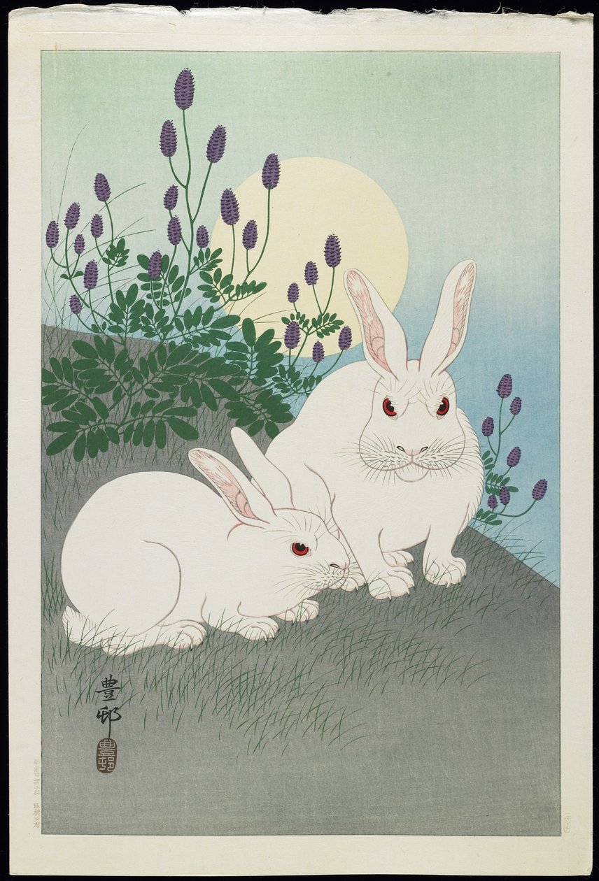 To hvite kaniner under en fullmåne, 1930-tallet av Ohara Koson