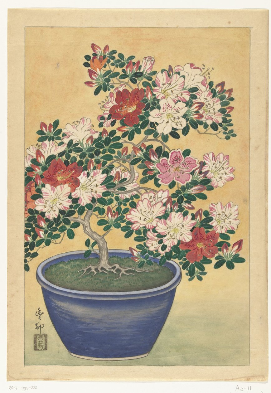 Blomstrende asalea i blå krukke av Ohara Koson (signed by artist)