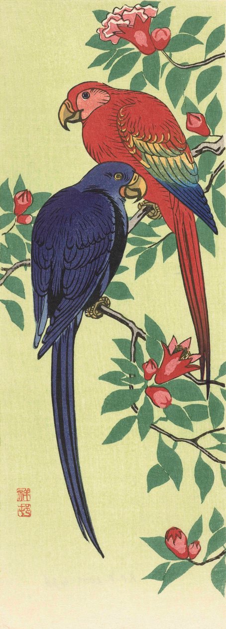 En rød og en blå papegøye, av den japanske kunstneren Ohara Koson av Ohara Koson