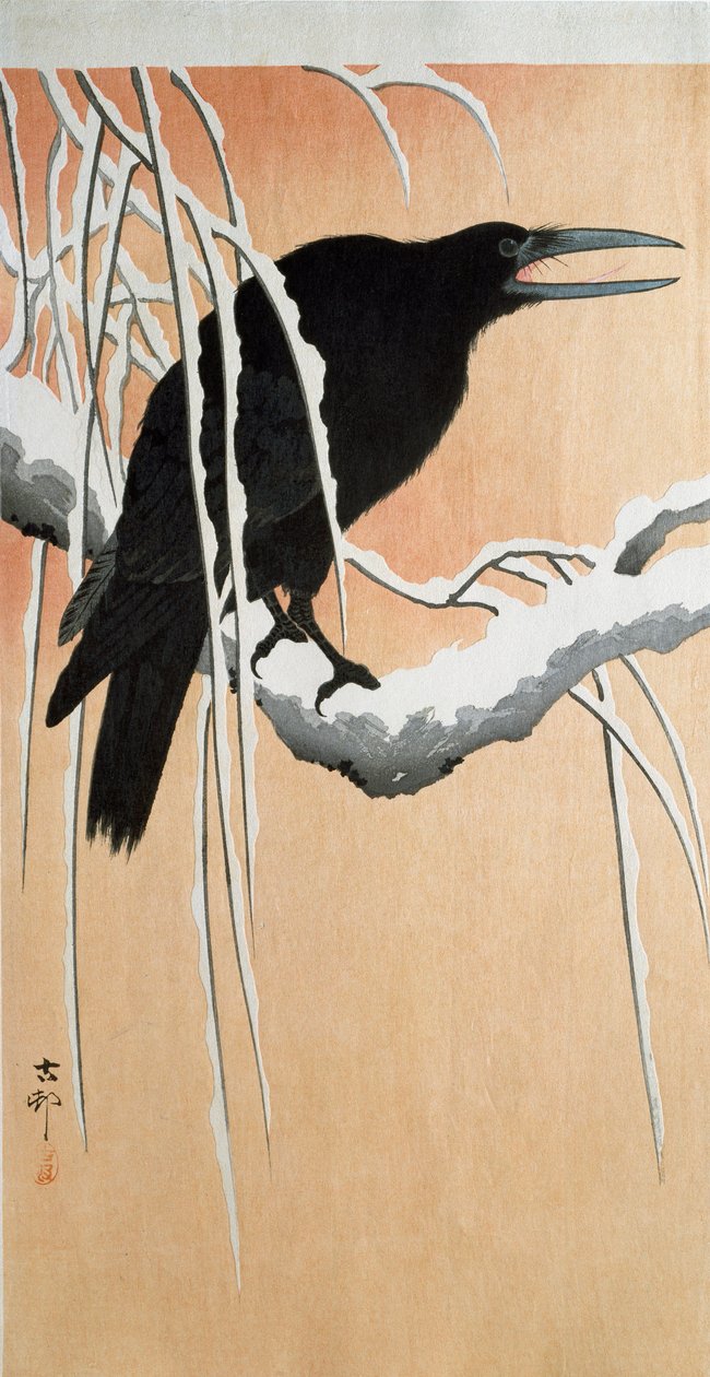 En ravn på en snødekt gren Xylografi og japansk trykk av Ohara Koson (1877-1945) 1910 Privat samling DR av Ohara Koson