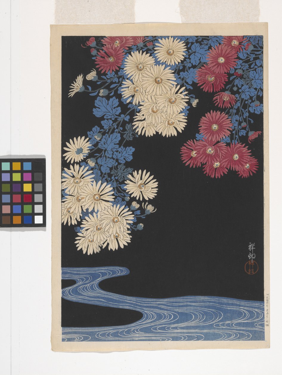Chrysanthemums And Stream (farget treblokktrykk) av Ohara Koson