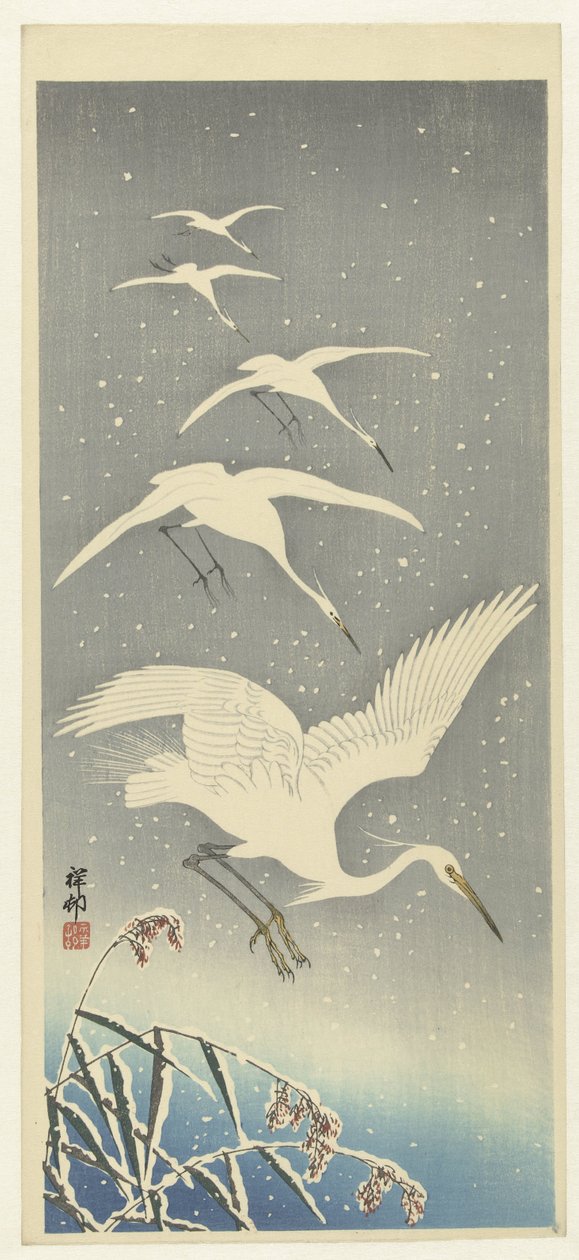 Synkende egrets i snø av Ohara Koson