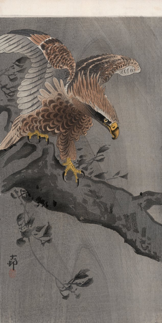 Ørn med spredte vinger på trestamme (farget treblokktrykk) av Ohara Koson