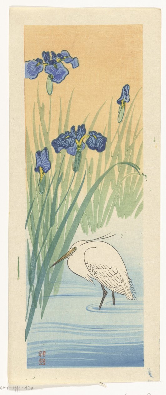 Egret med iris av Ohara Koson