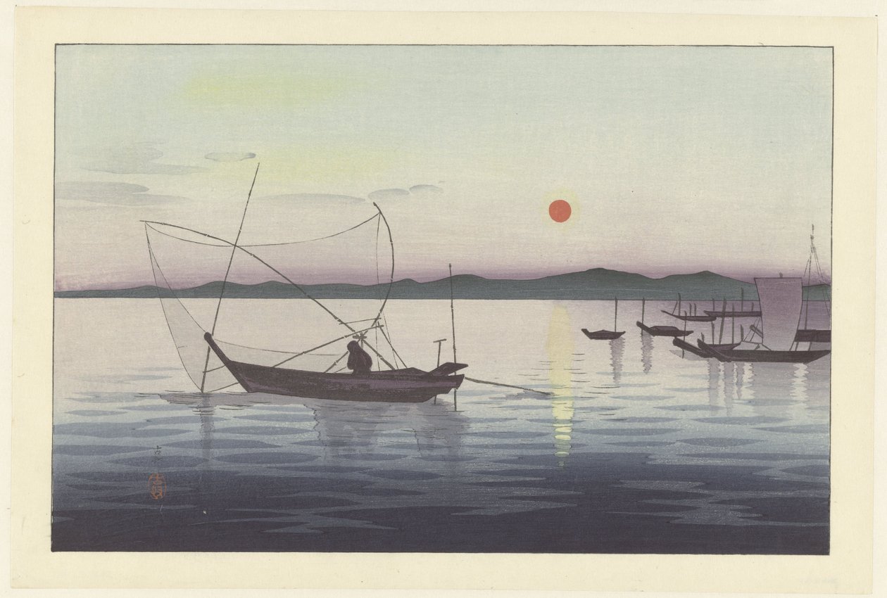 Fiskebåter ved solnedgang av Ohara Koson