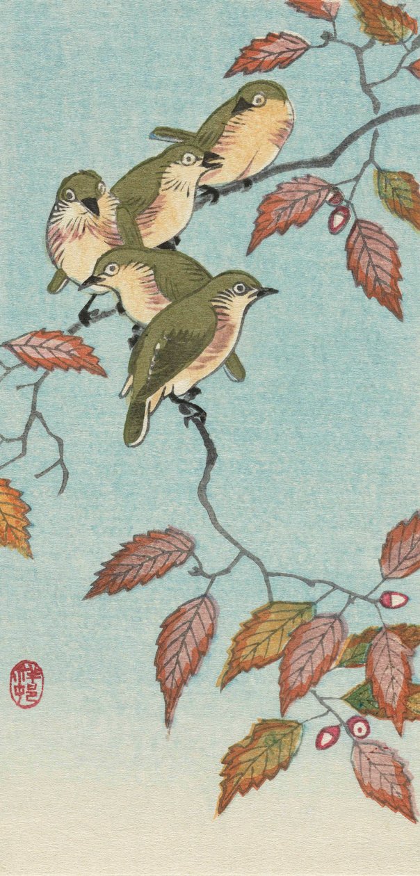 Fem små fugler på en kvist, av den japanske kunstneren Ohara Koson av Ohara Koson