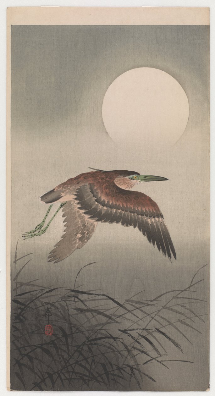 Flying Heron And Full Moon (farget treblokktrykk) av Ohara Koson