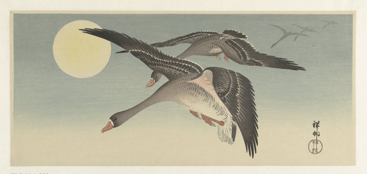 Gjess ved fullmåne av Ohara Koson
