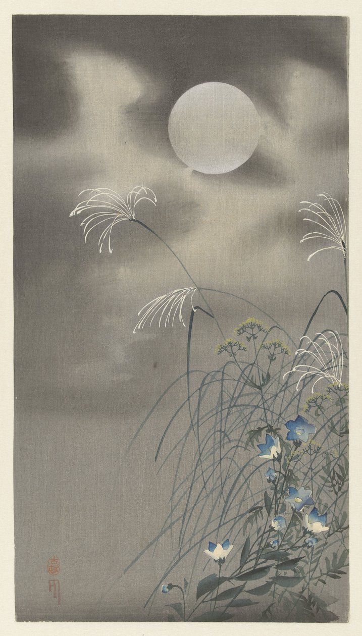 Gress og blomster ved fullmåne av Ohara Koson