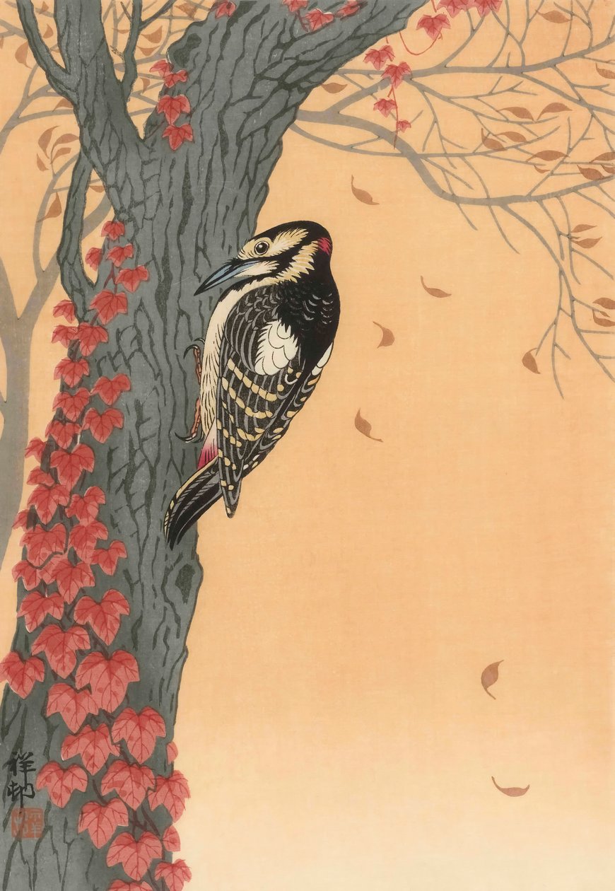 Flott hakkespett i tre med rød eføy, 1900-tallet (japansk trykk) av Ohara Koson