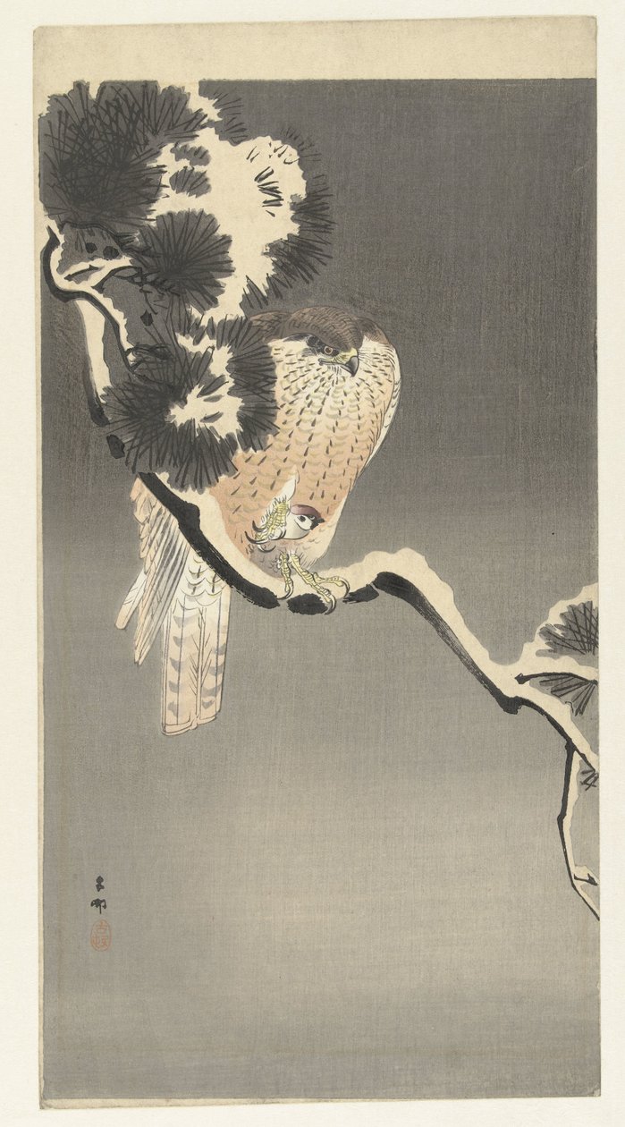 hauk med mus av Ohara Koson