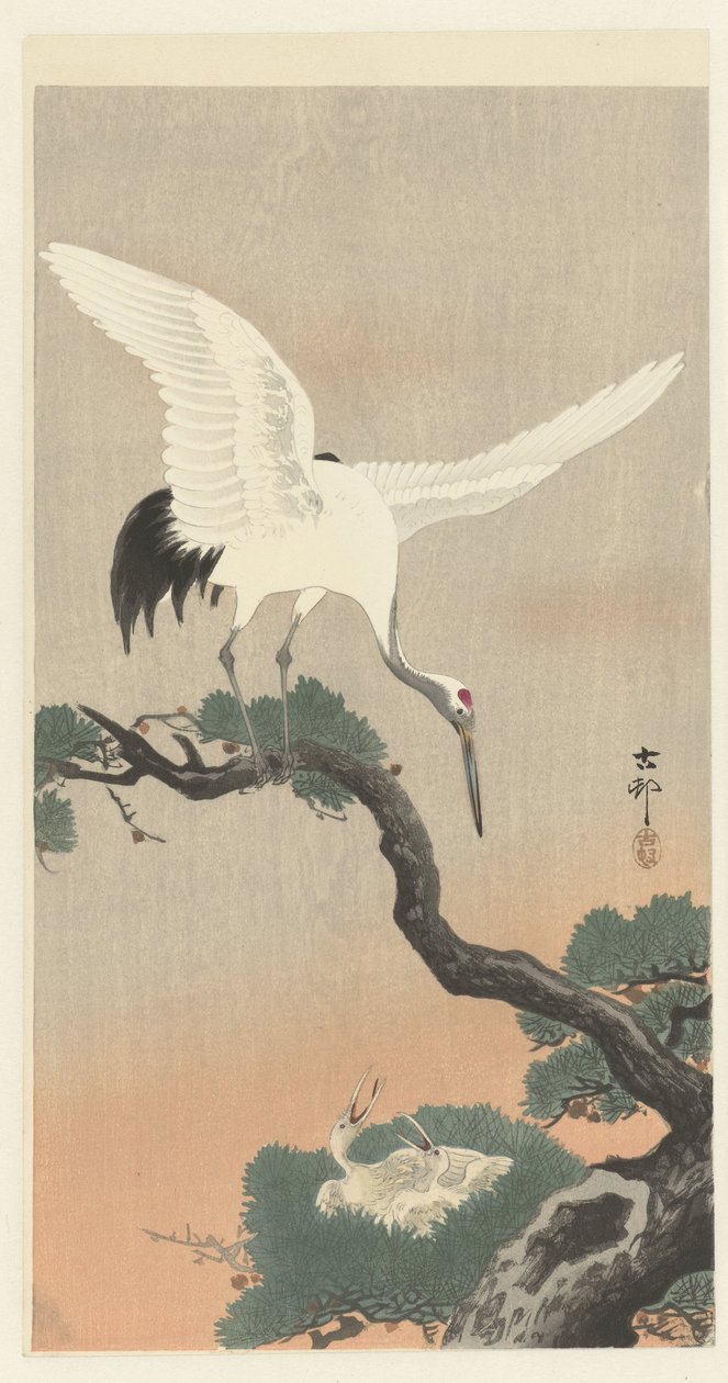Japansk kran på gren av furutre av Ohara Koson