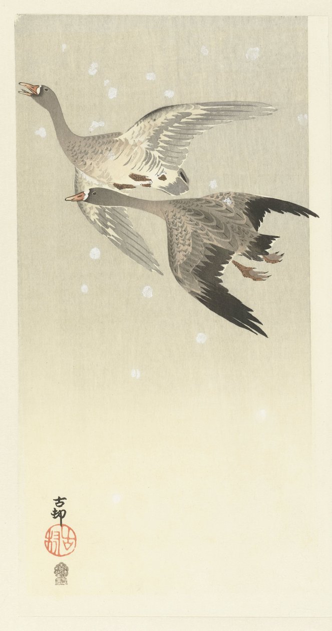 Blisgjess som flyr i snøen av Ohara Koson