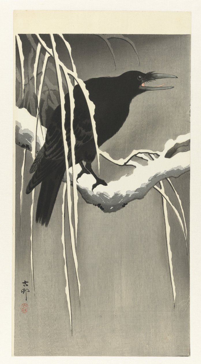 Kråke på snødekt gren av Ohara Koson