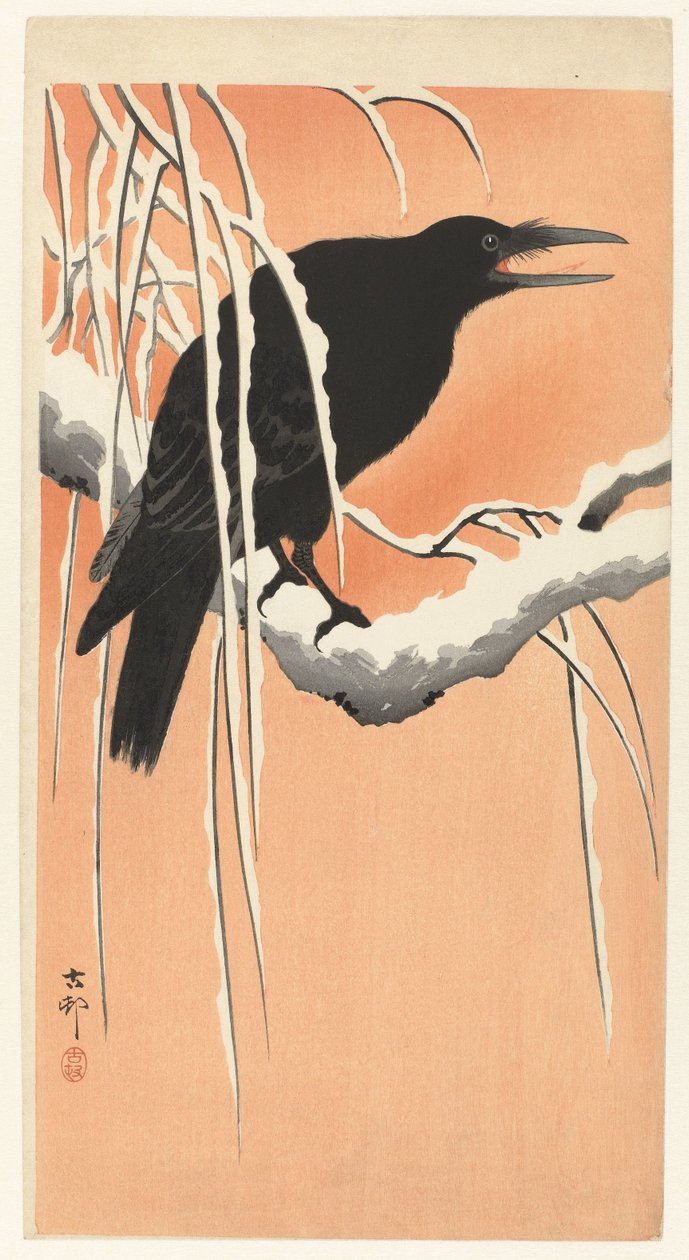 Kråke på snødekt gren av Ohara Koson