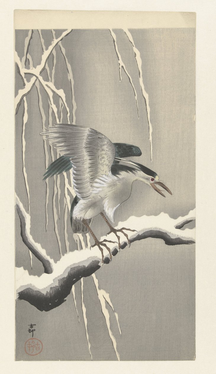 Kvakk på snødekt gren av Ohara Koson