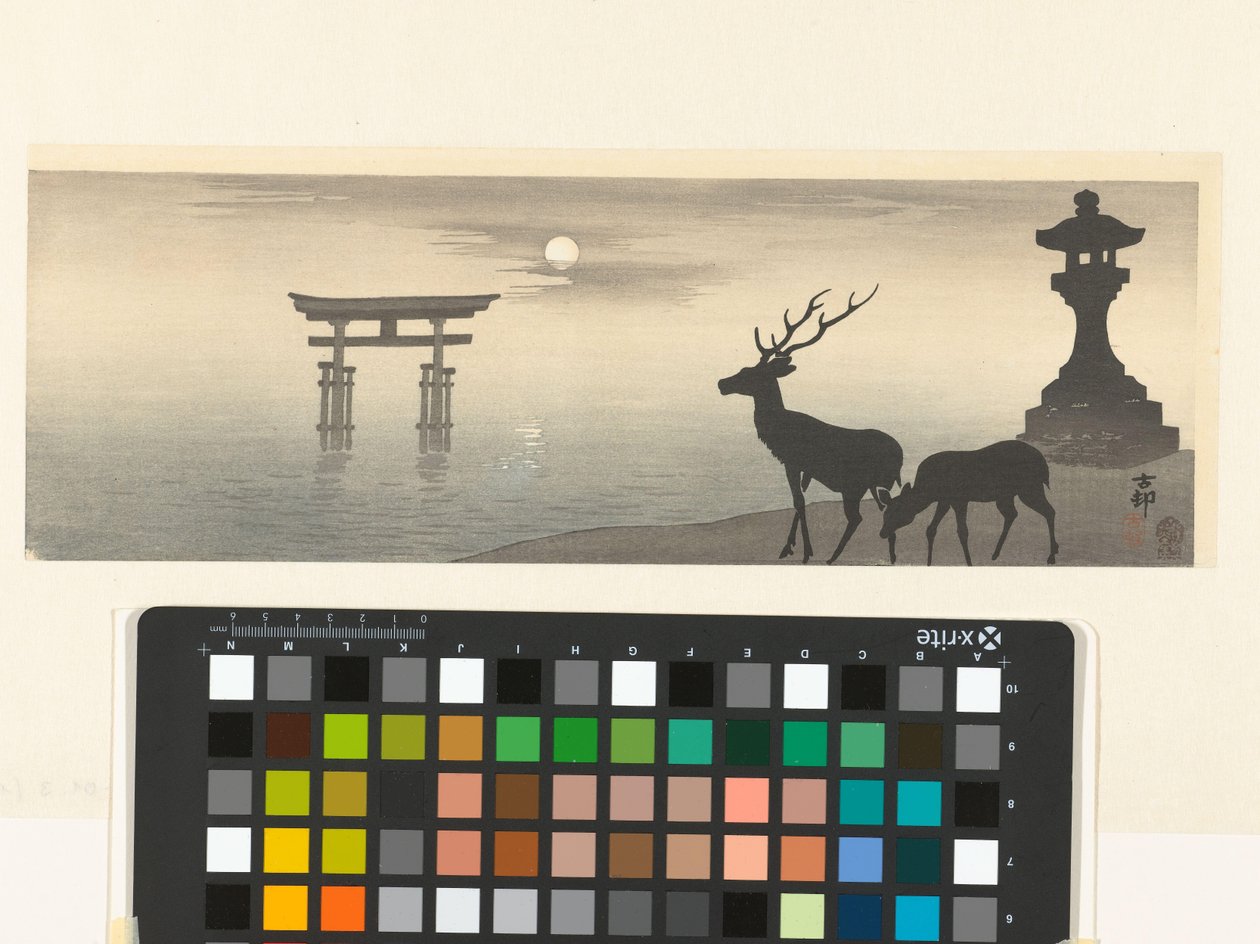 Landskap med torii og hjort av Ohara Koson