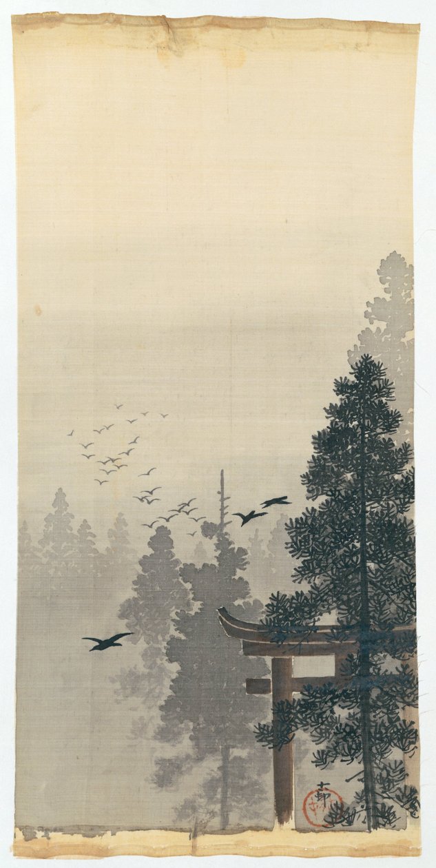 Landskap med fugleflokk og torii av Ohara Koson