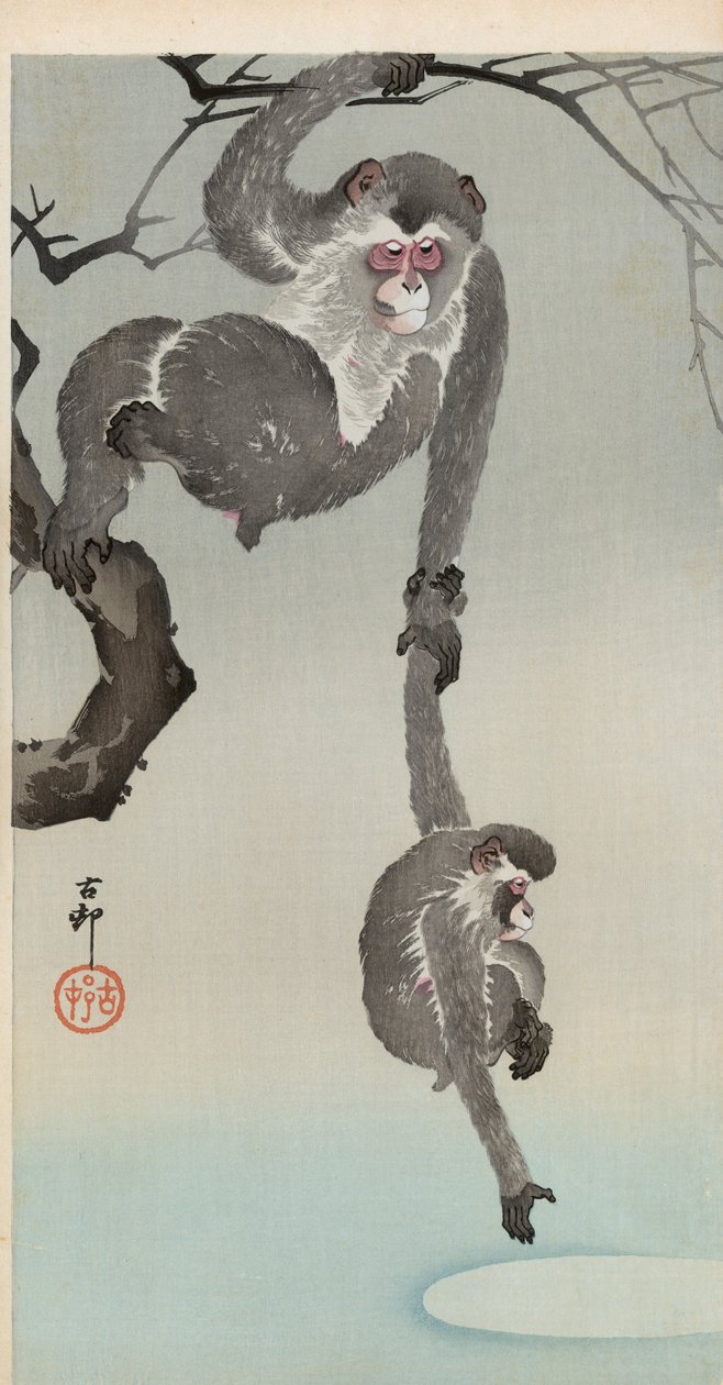 Ape og baby som strekker seg etter refleksjonen av månen av Ohara Koson