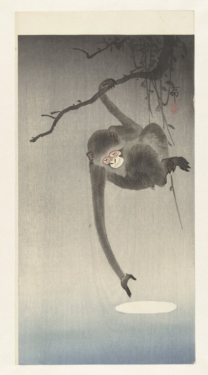 Monkey strekker seg etter refleksjon av månen av Ohara Koson