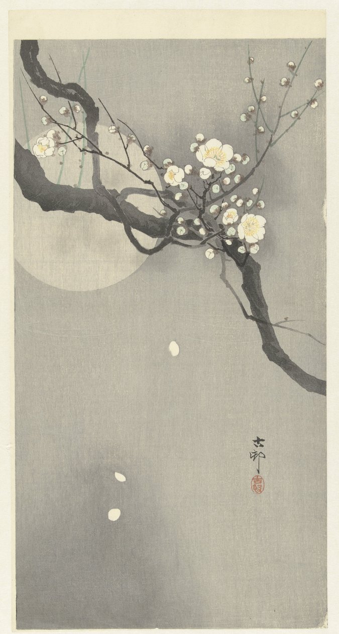 Plommeblomstring og fullmåne av Ohara Koson