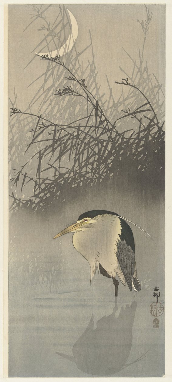 Hegre ved nymåne av Ohara Koson