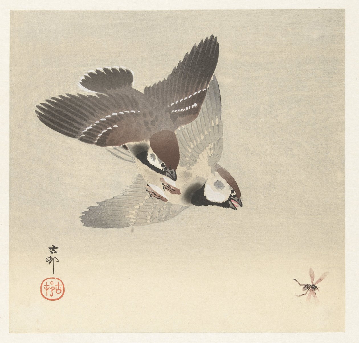 Ringspurver og insekt av Ohara Koson