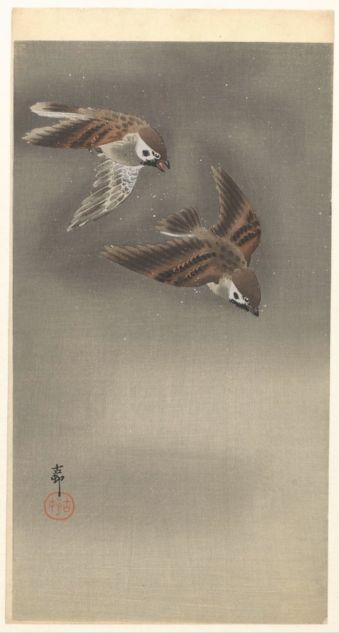 Ringspurv i snø av Ohara Koson