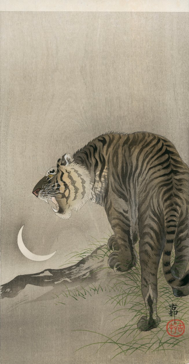 Brølende tiger og halvmåne av Ohara Koson