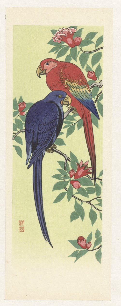 Rød og en blå papegøye av Ohara Koson
