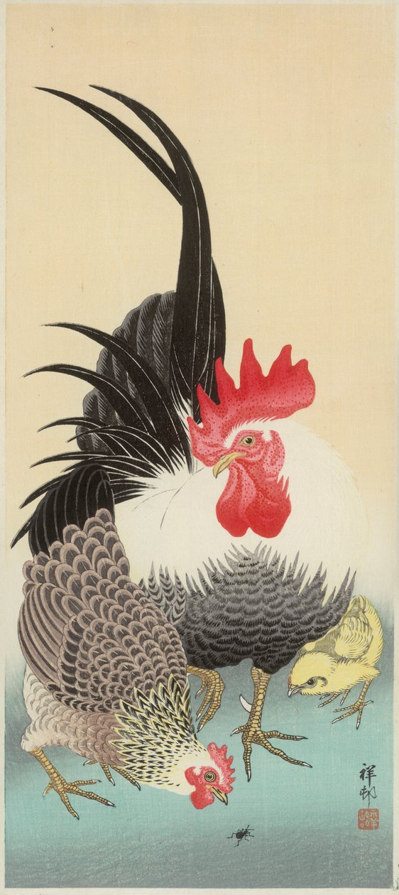 Hane, høne og kylling med maur (farget treblokktrykk) av Ohara Koson