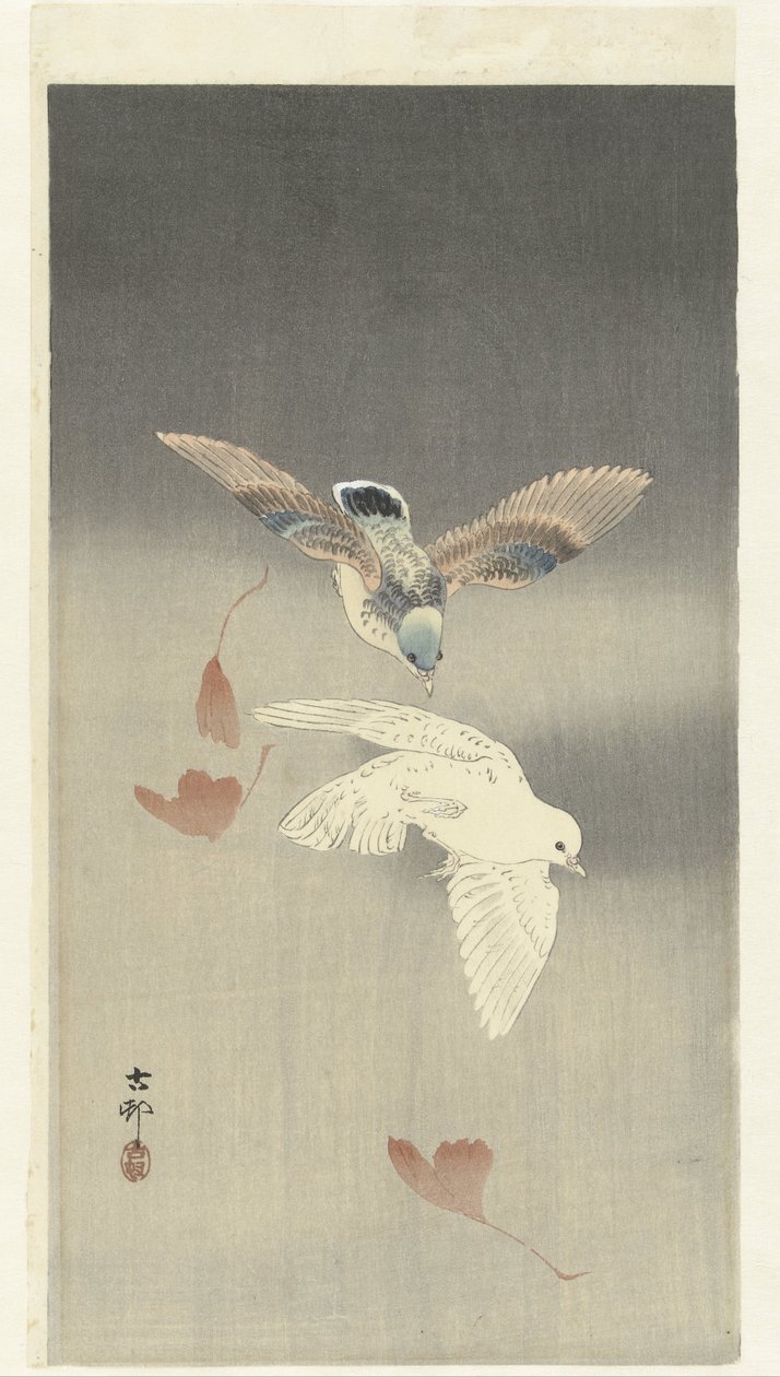 To duer med fallende ginkgoblader av Ohara Koson