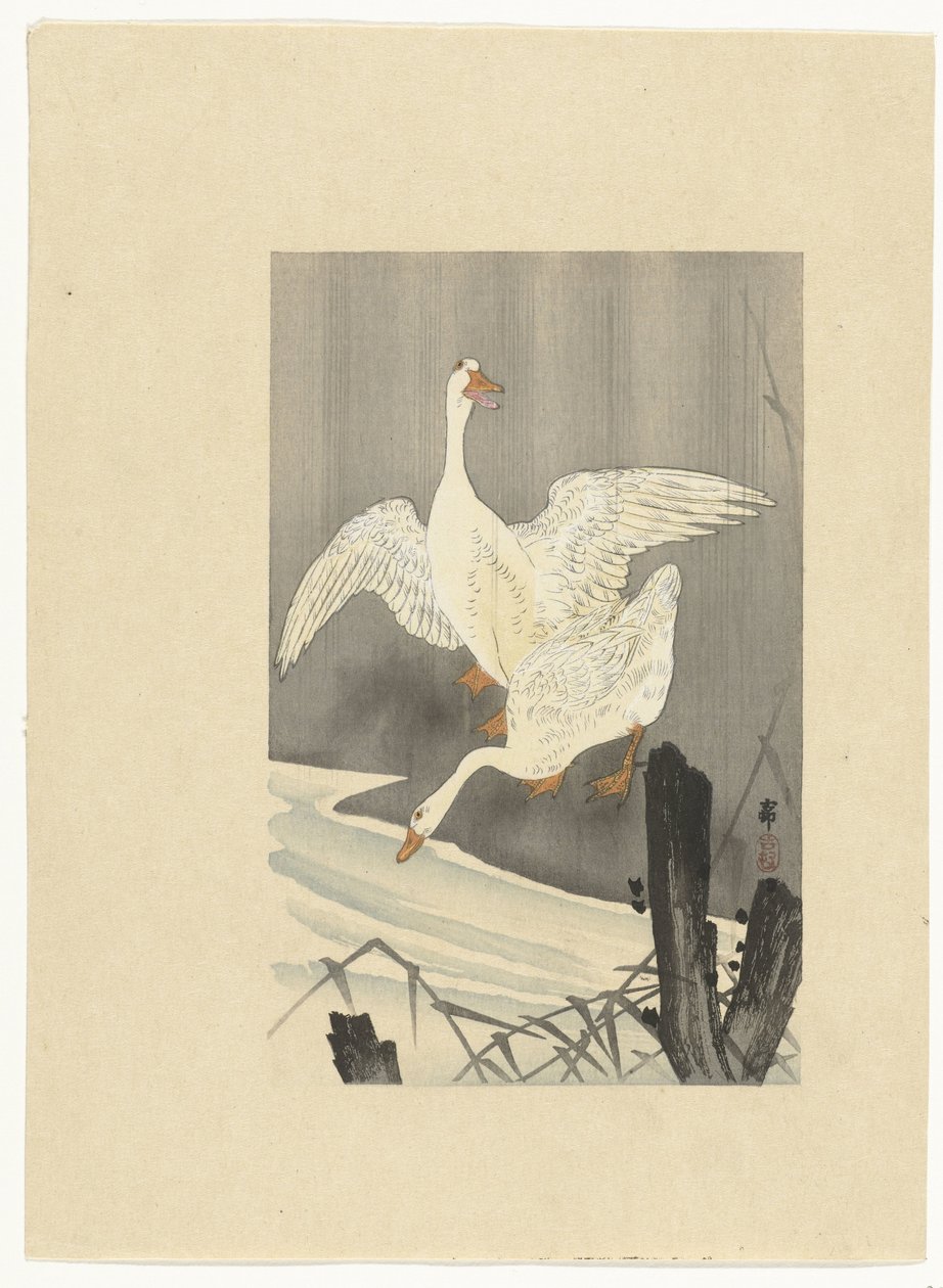 To gjess ved en elv av Ohara Koson