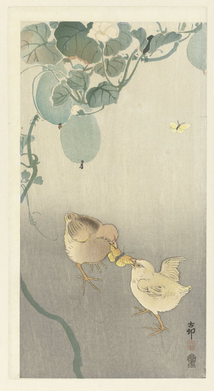 To unger som kjemper om en sommerfugl av Ohara Koson
