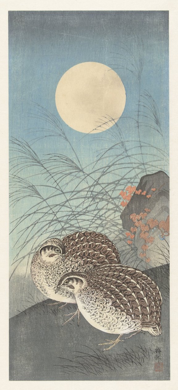 To vaktler ved fullmåne. av Ohara Koson