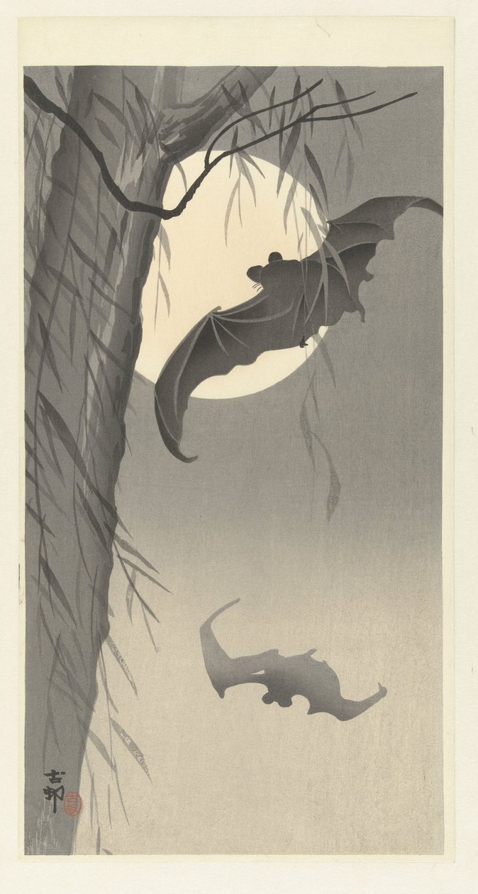 To flaggermus ved fullmåne av Ohara Koson