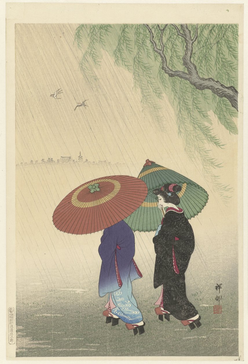 To kvinner i regnet av Ohara Koson